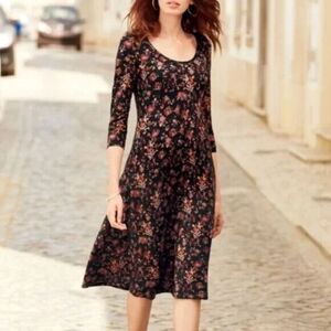 Peruvian Connection Small Midi Dress Black Floral Potpourri Pockets Stretch Boho